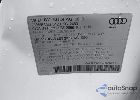 2017 Audi Q5 2.0T Premium from USA, damaged, VIN WA1L2AFPXHA040362
